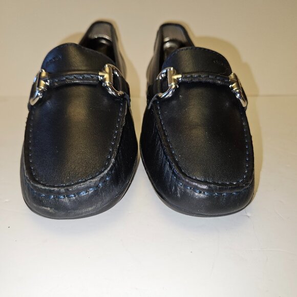 Geox Respira Black Leather Driving Loafers Silver Bar Hardware Size 36.5 - Picture 1 of 16